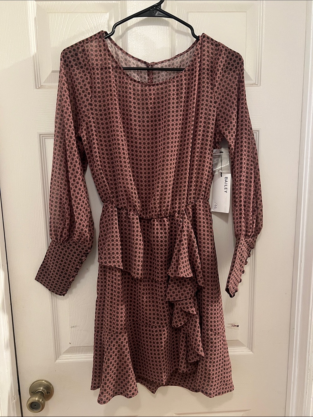 Bailey 44 Polka Dot Mauve Long-Sleeve Ruffle Dress, size 2